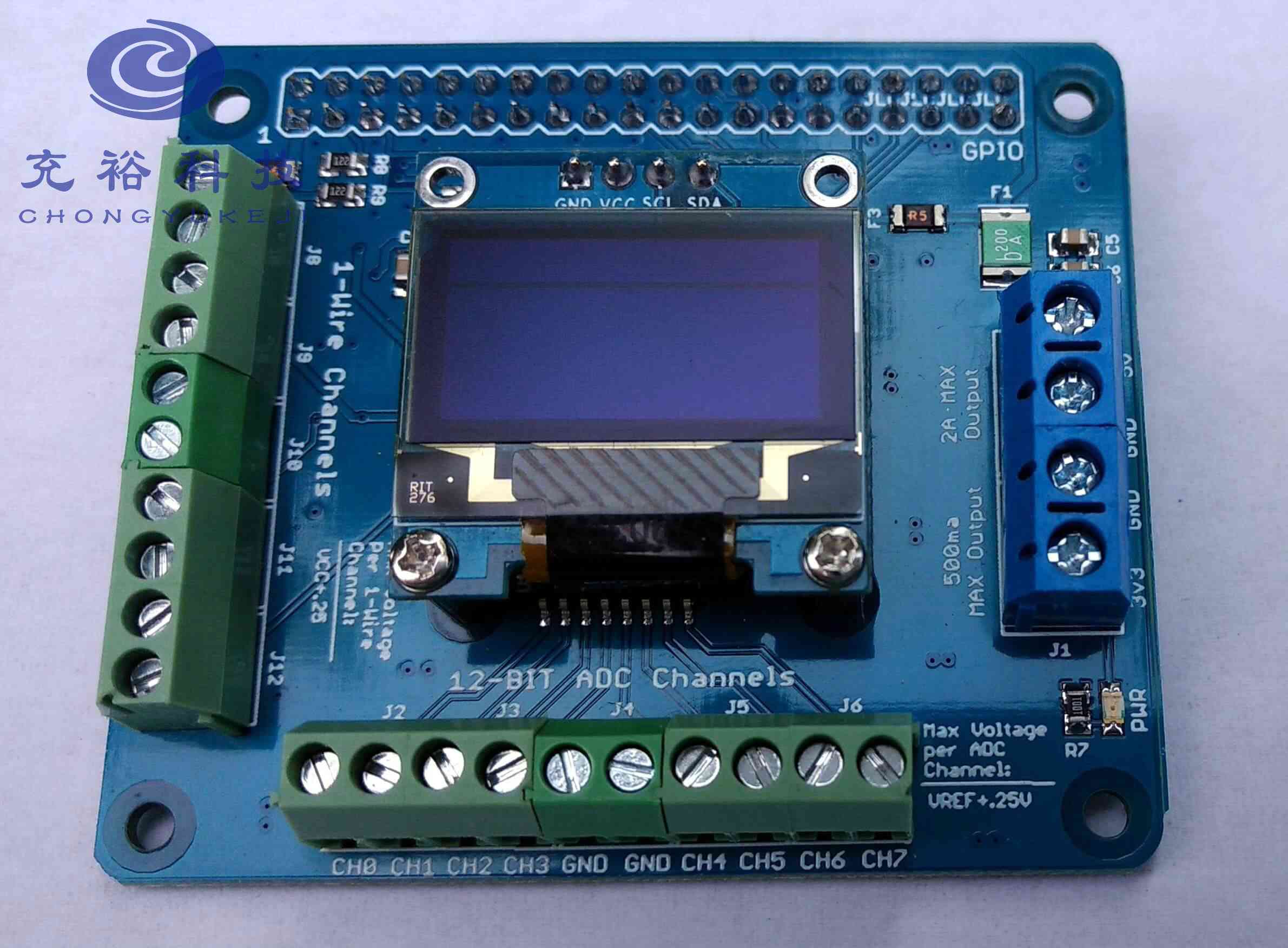 ��ԣ�Ƽ�(CHONG KEO)�๦�ܽӿڰ����ݲɼ�ģ�� - ��дչʾ��ɫPCB�壬����12·��Դ�ӿڡ�HDMI���������VGA��DVI�ӿڣ�����OLED���������ڹ�ҵ�������ź�ת��